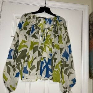 Zara Blue and Green Tie Front Blouse with Long Sleeves